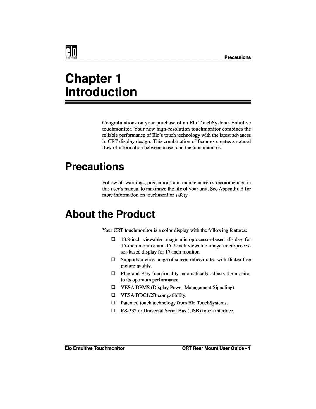 Elo TouchSystems ET1545C, ET1745C manual Chapter Introduction, Precautions, About the Product 
