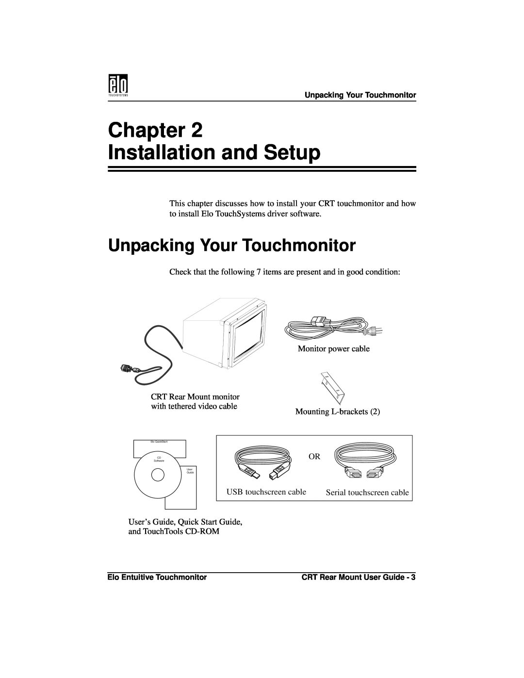 Elo TouchSystems ET1545C, ET1745C manual Chapter Installation and Setup, Unpacking Your Touchmonitor 