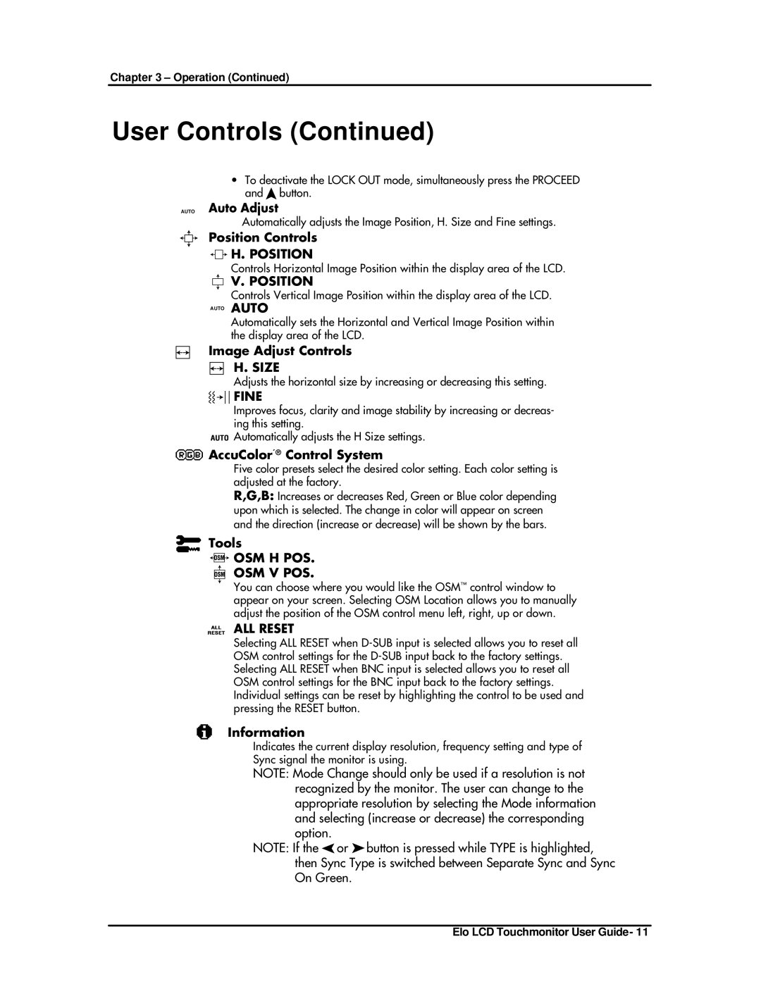 Elo TouchSystems ET1825L-8SWA-1 manual User Controls, Fine 