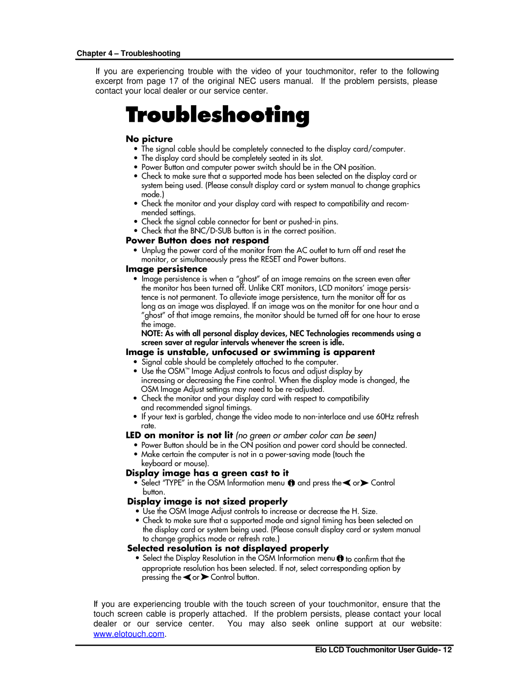 Elo TouchSystems ET1825L-8SWA-1 manual Troubleshooting 