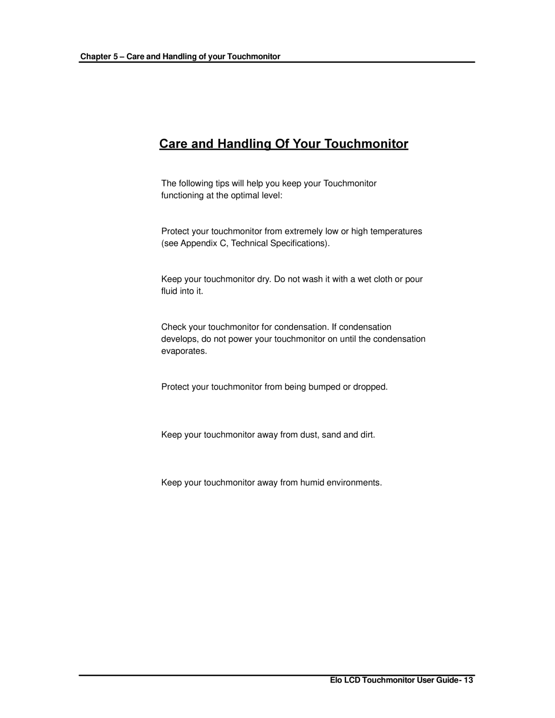 Elo TouchSystems ET1825L-8SWA-1 manual Care and Handling Of Your Touchmonitor 