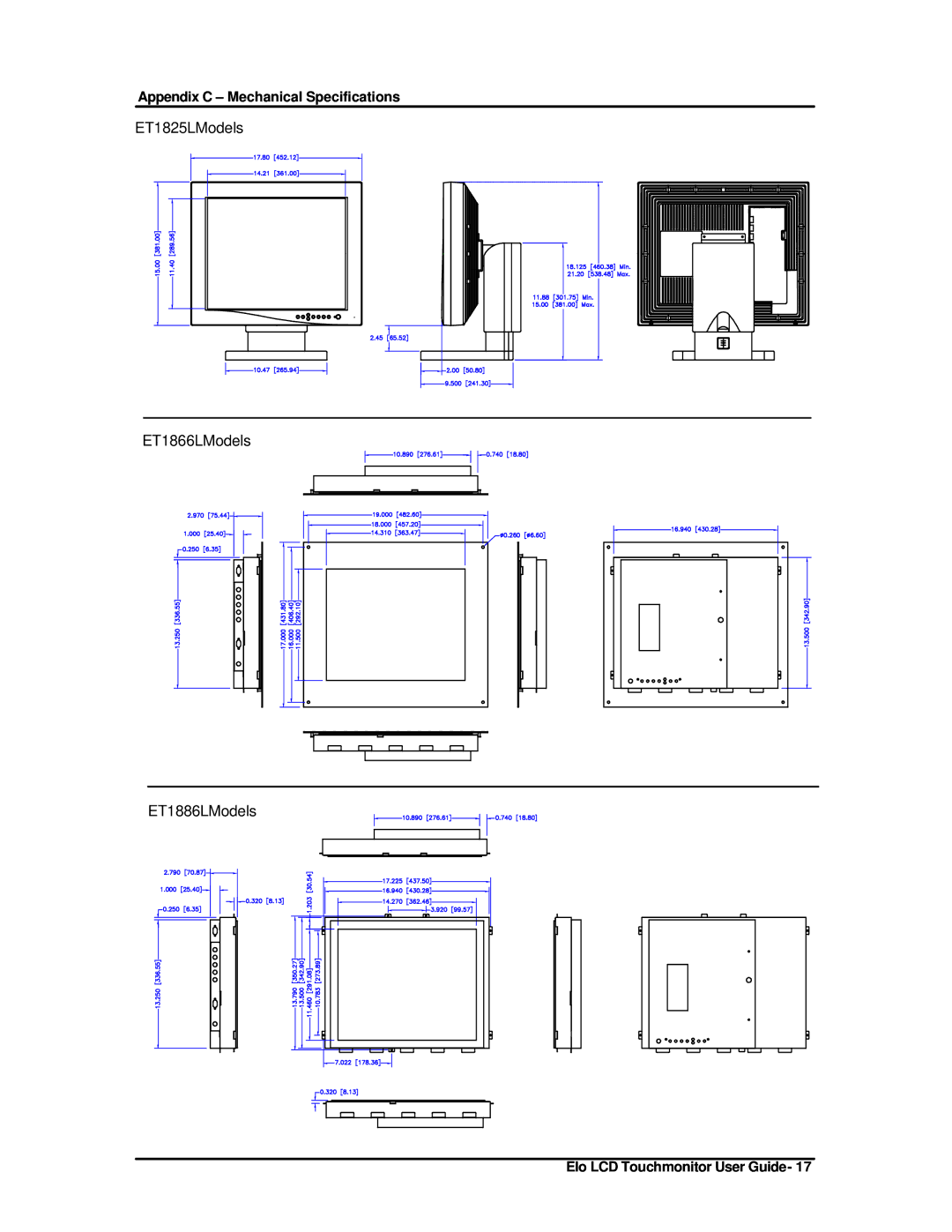 Elo TouchSystems ET1825L-8SWA-1 manual ET1825LModels ET1866LModels ET1886LModels 