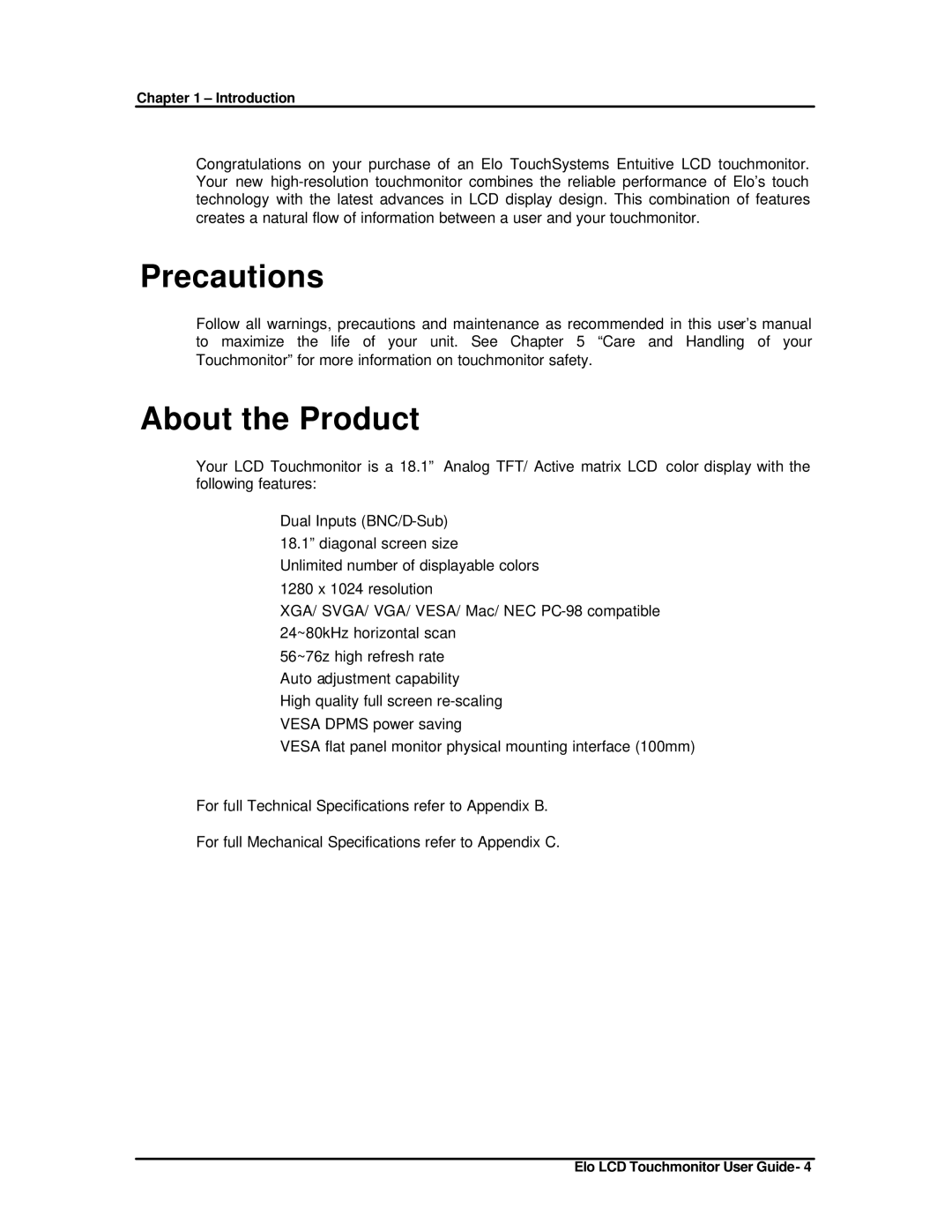 Elo TouchSystems ET1825L-8SWA-1 manual Precautions, About the Product 