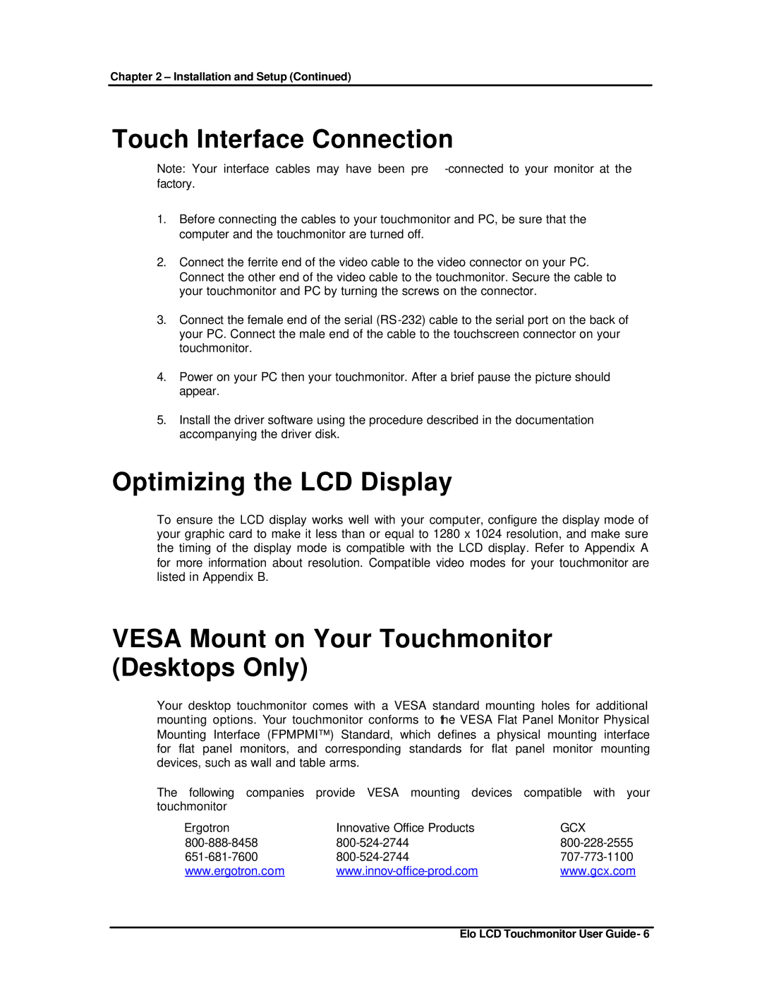 Elo TouchSystems ET1825L-8SWA-1 manual Touch Interface Connection, Optimizing the LCD Display 