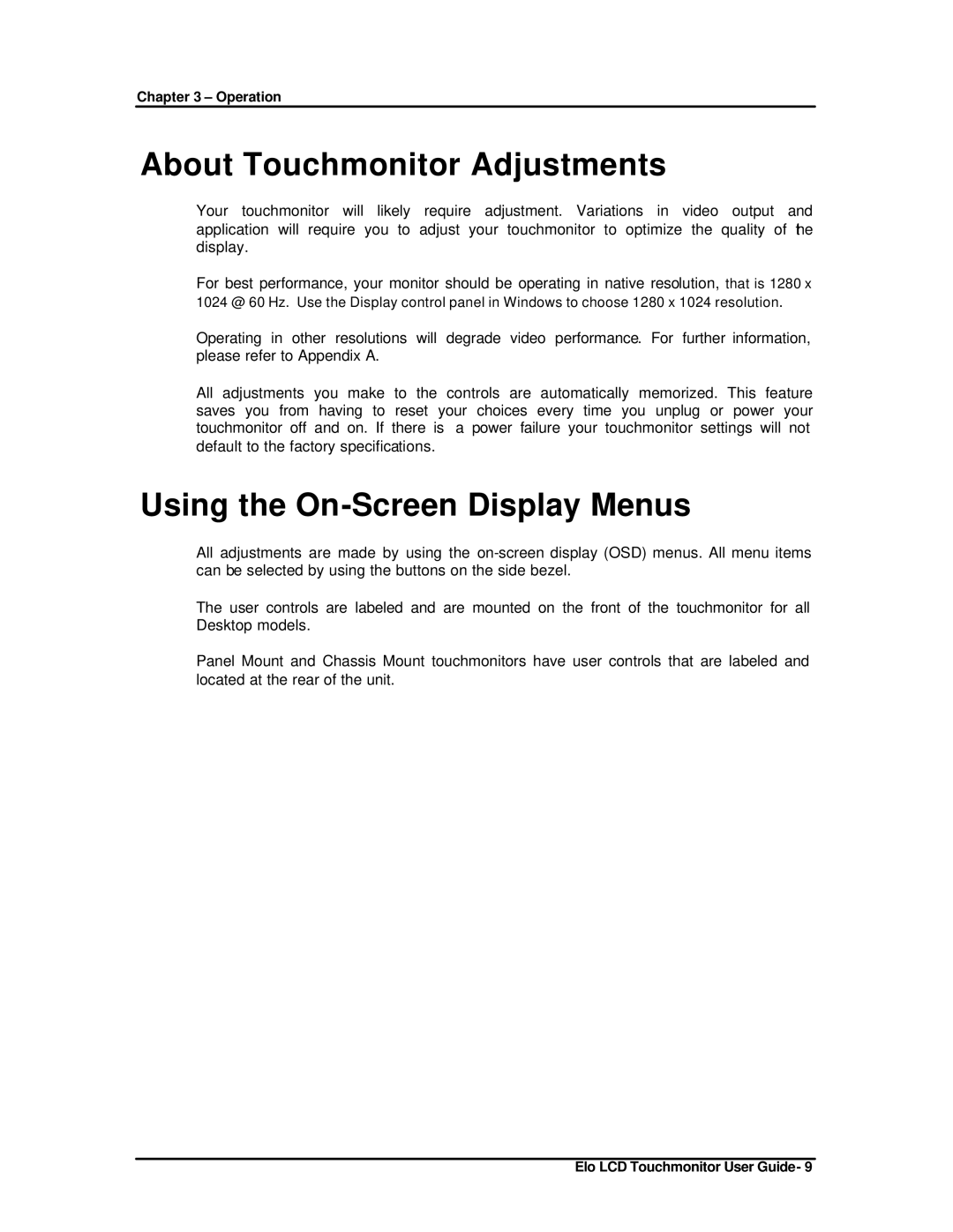 Elo TouchSystems ET1825L-8SWA-1 manual About Touchmonitor Adjustments, Using the On-Screen Display Menus 