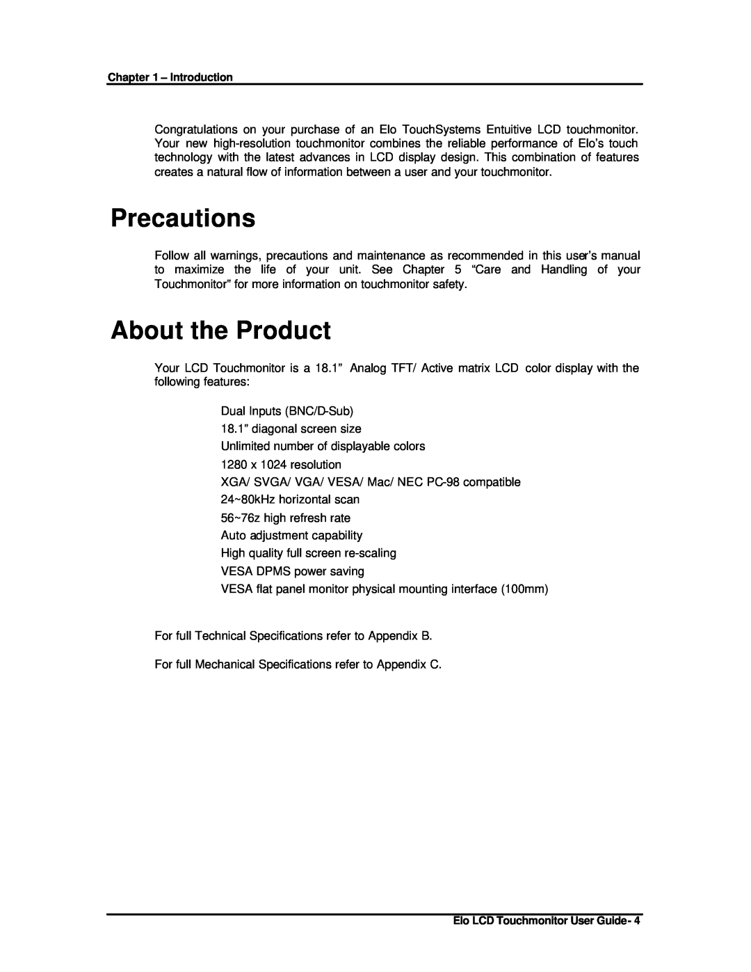 Elo TouchSystems ET1825L-8SWA-1 manual Precautions, About the Product 