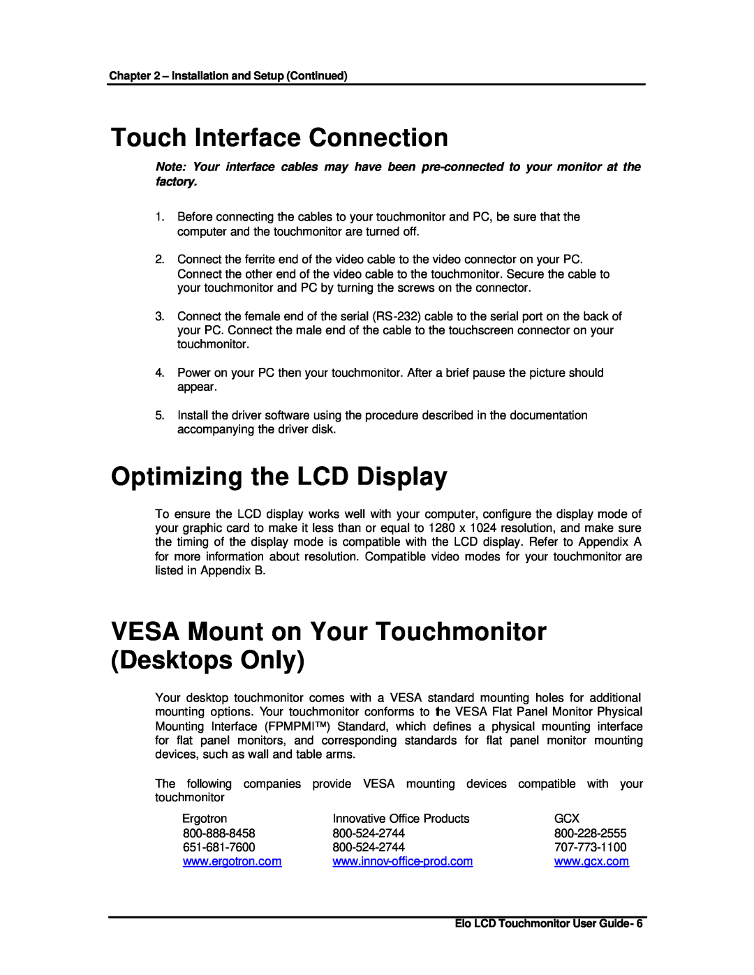 Elo TouchSystems ET1825L-8SWA-1 manual Touch Interface Connection, Optimizing the LCD Display 
