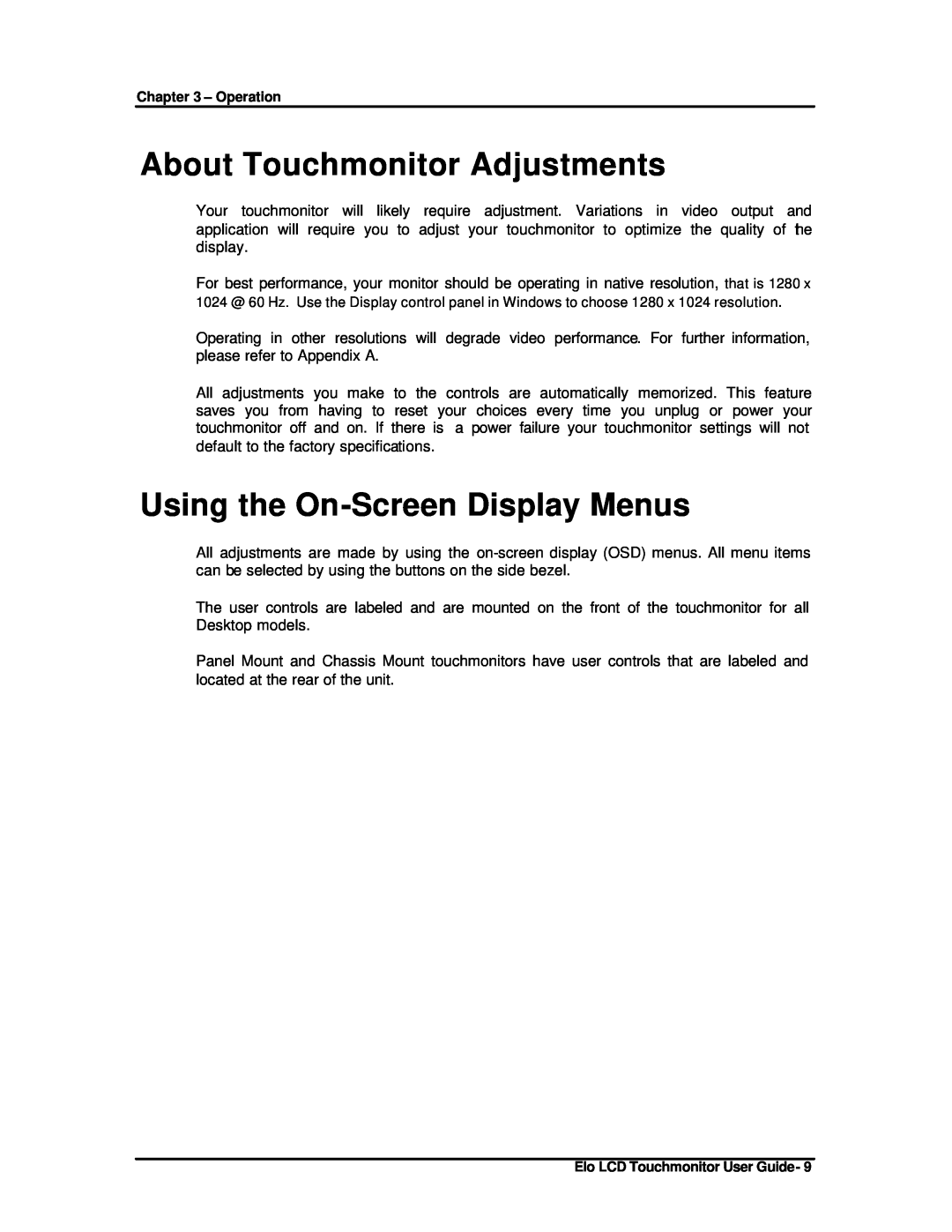 Elo TouchSystems ET1825L-8SWA-1 manual About Touchmonitor Adjustments, Using the On-Screen Display Menus 