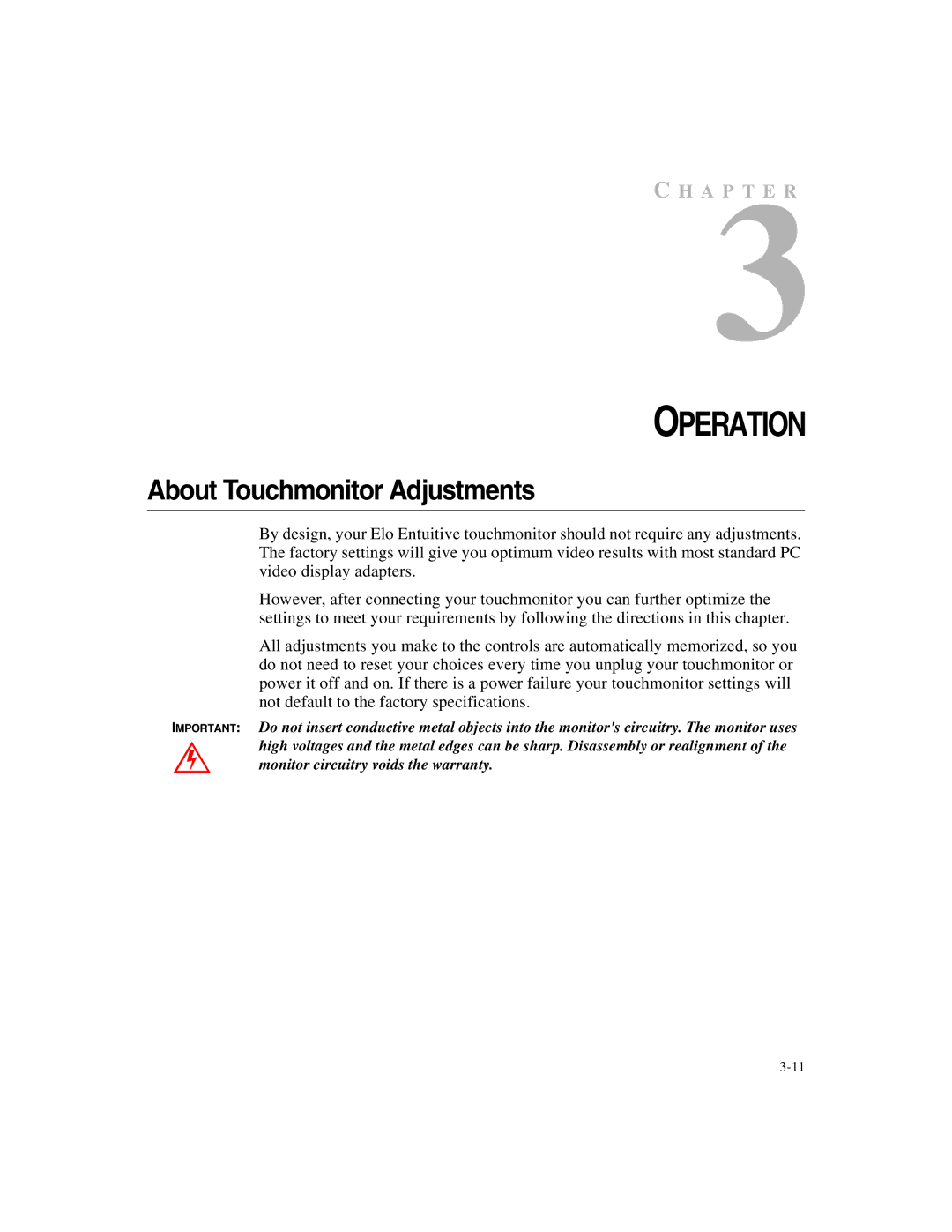 Elo TouchSystems ET1X45C-4UWE-1, ET1X45C-4SWE-1 manual Operation, About Touchmonitor Adjustments 