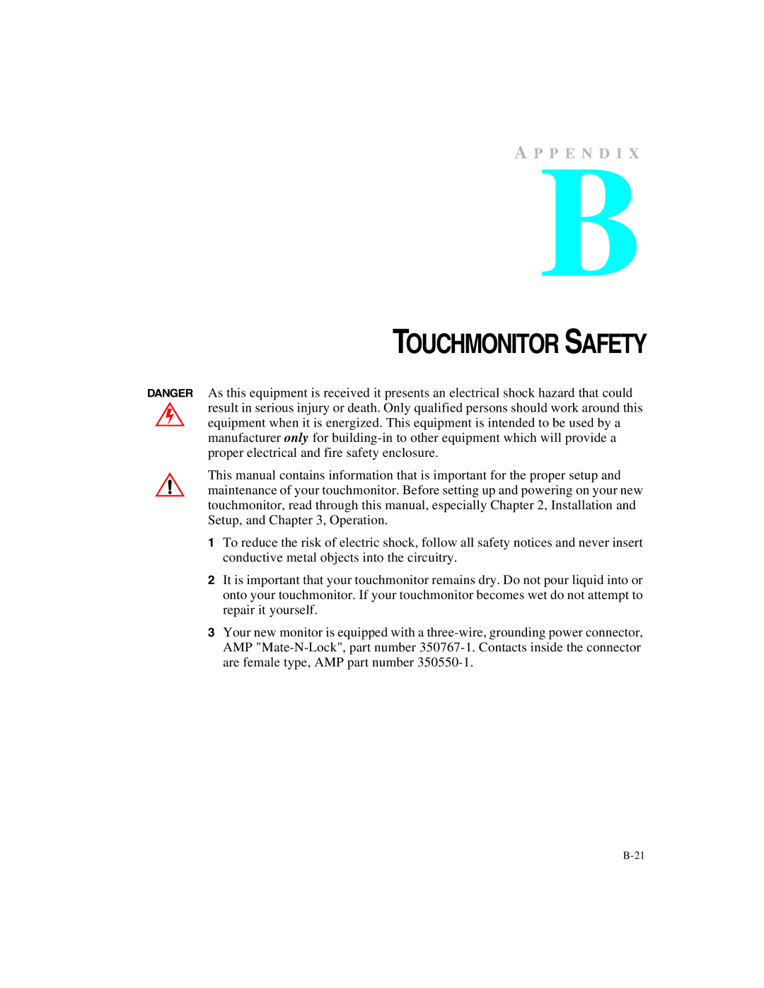 Elo TouchSystems ET1X45C-4UWE-1, ET1X45C-4SWE-1 manual Touchmonitor Safety 