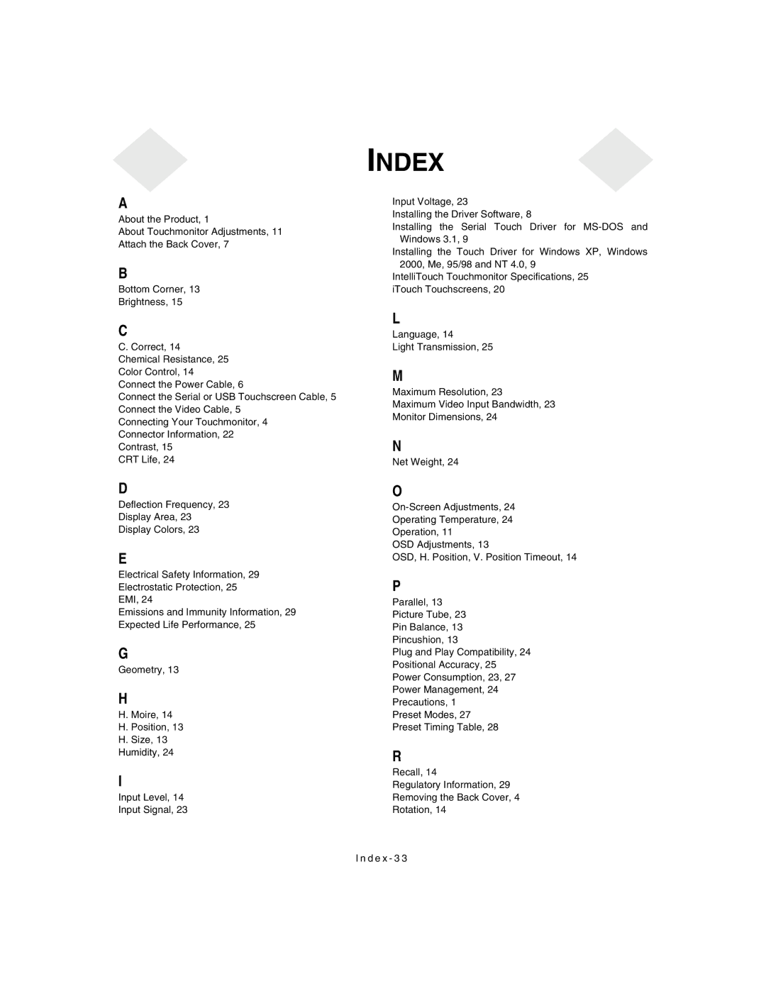 Elo TouchSystems ET1X45C-4UWE-1, ET1X45C-4SWE-1 manual Index 