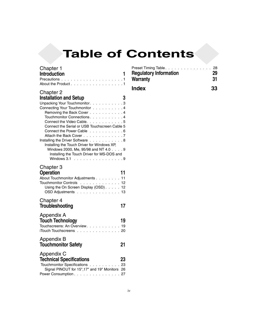 Elo TouchSystems ET1X45C-4SWE-1, ET1X45C-4UWE-1 manual Table of Contents 