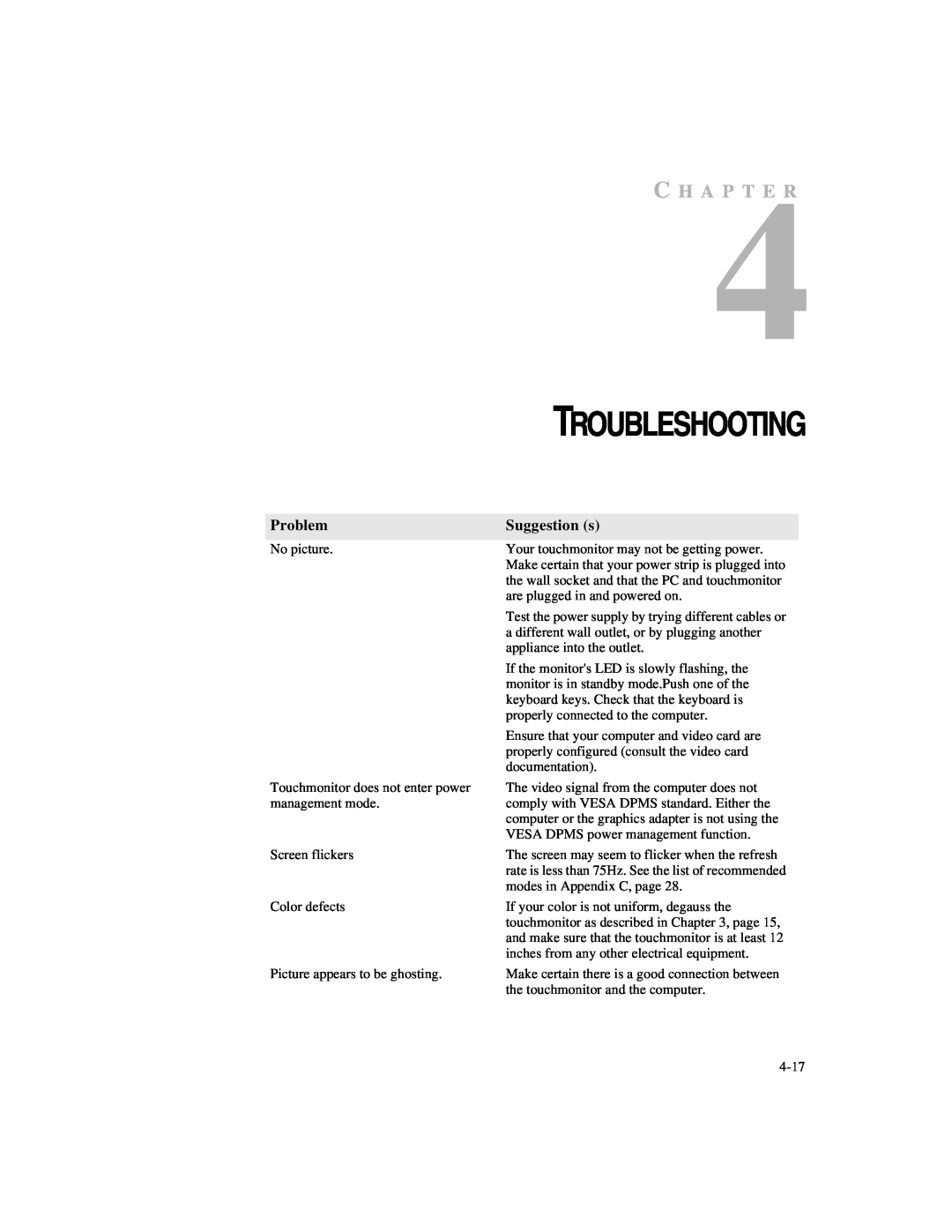 Elo TouchSystems ET1X45C-4UWE-1, ET1X45C-4SWE-1 manual Troubleshooting, C H A P T E R, Problem, Suggestion s 