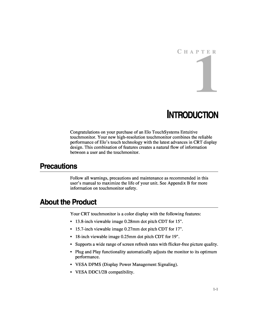 Elo TouchSystems ET1X45C-4UWE-1, ET1X45C-4SWE-1 manual Introduction, Precautions, About the Product, C H A P T E R 