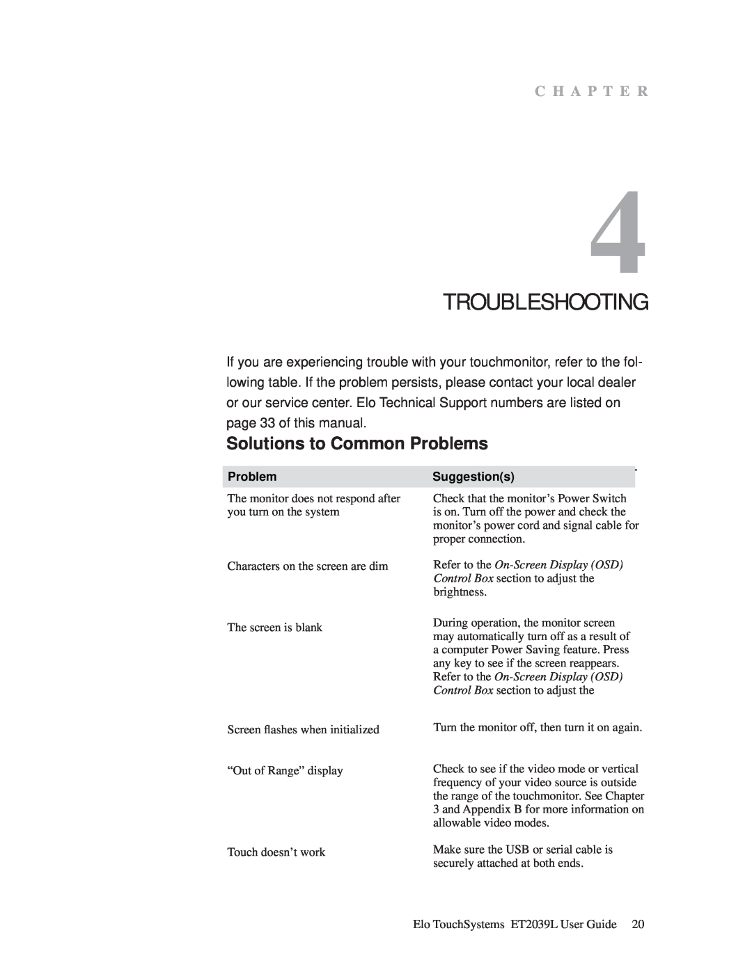Elo TouchSystems ET2039L manual Troubleshooting, Solutions to Common Problems, C H A P T E R, ProblemSuggestions 