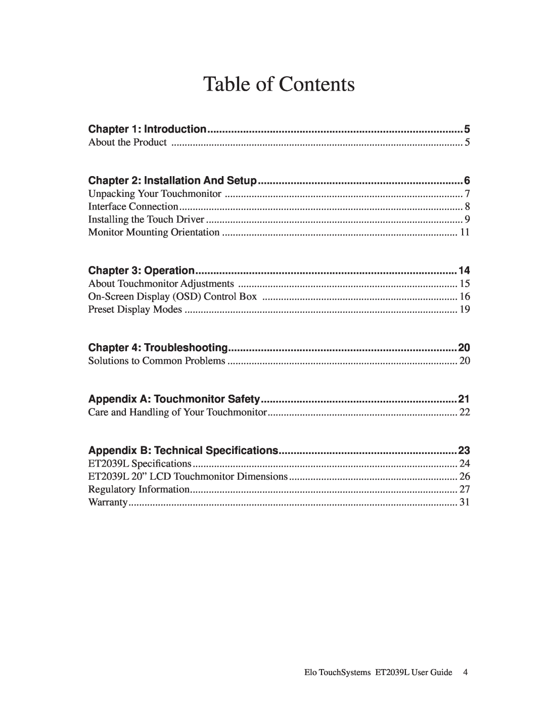 Elo TouchSystems ET2039L manual Table of Contents, Introduction, Installation And Setup, Operation, Troubleshooting 