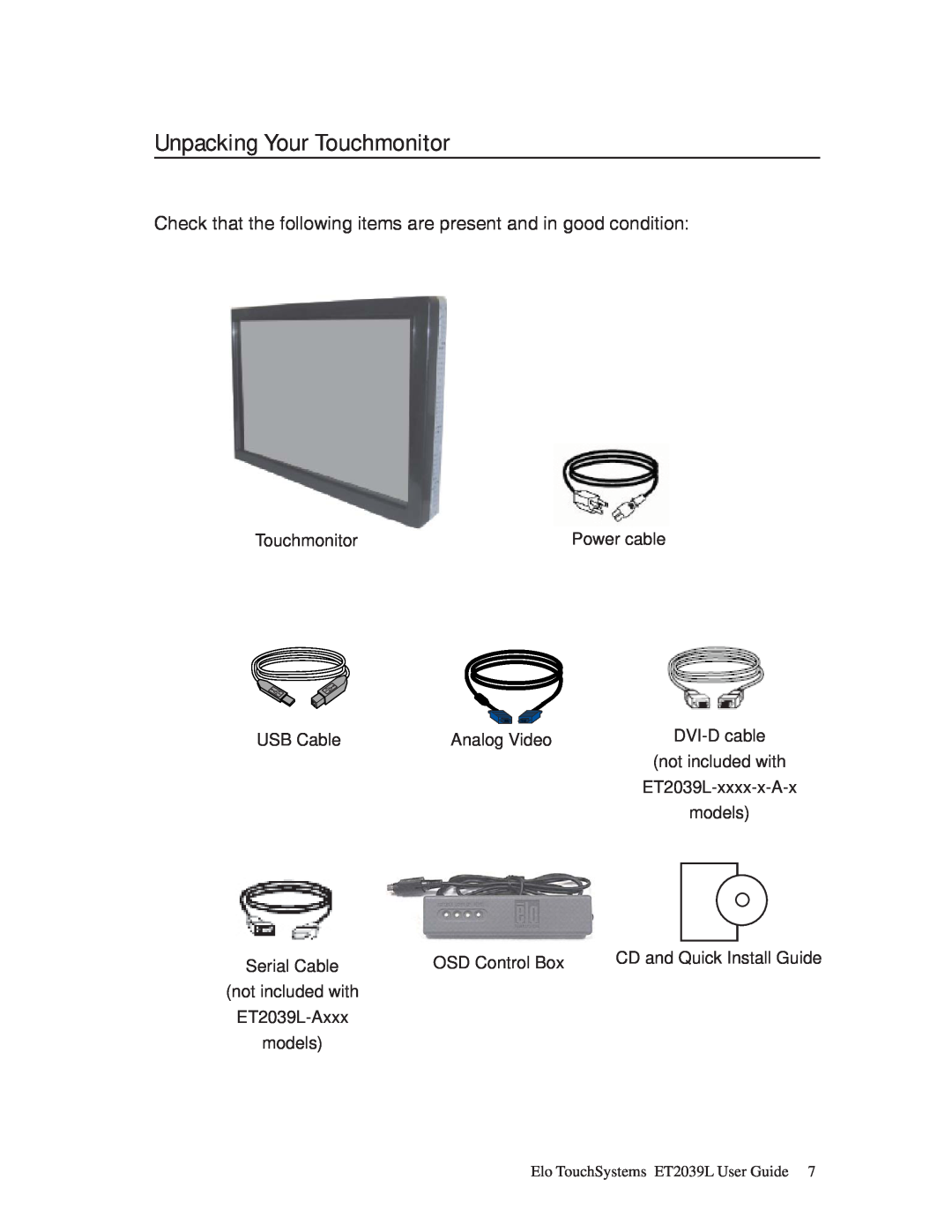 Elo TouchSystems ET2039L Unpacking Your Touchmonitor, Check that the following items are present and in good condition 