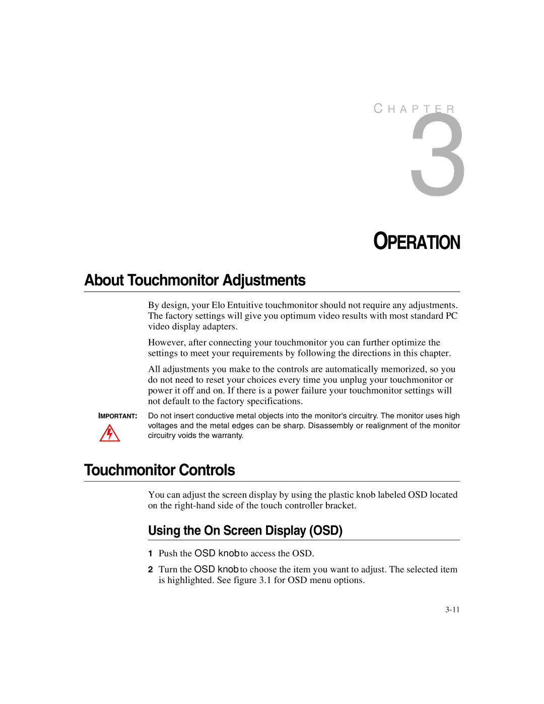 Elo TouchSystems ET2187C-4XWA-1, ET1X8XC-4XWA-1 manual Operation, About Touchmonitor Adjustments, Touchmonitor Controls 