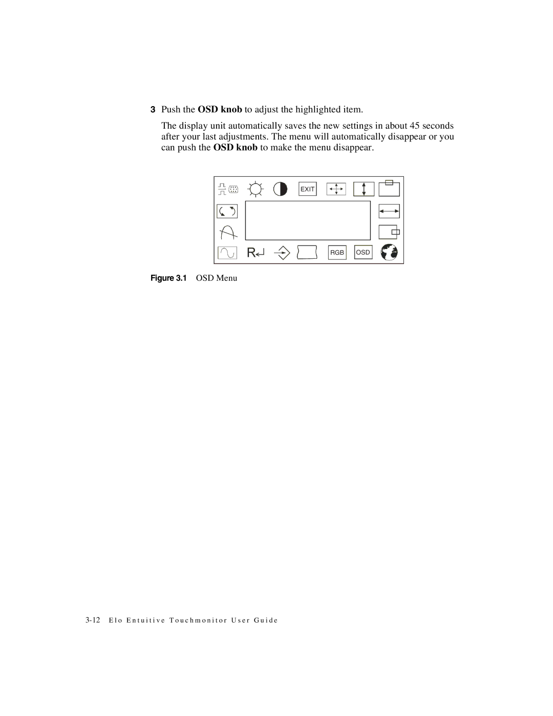 Elo TouchSystems ET1X8XC-4XWA-1, ET2187C-4XWA-1 manual OSD Menu 