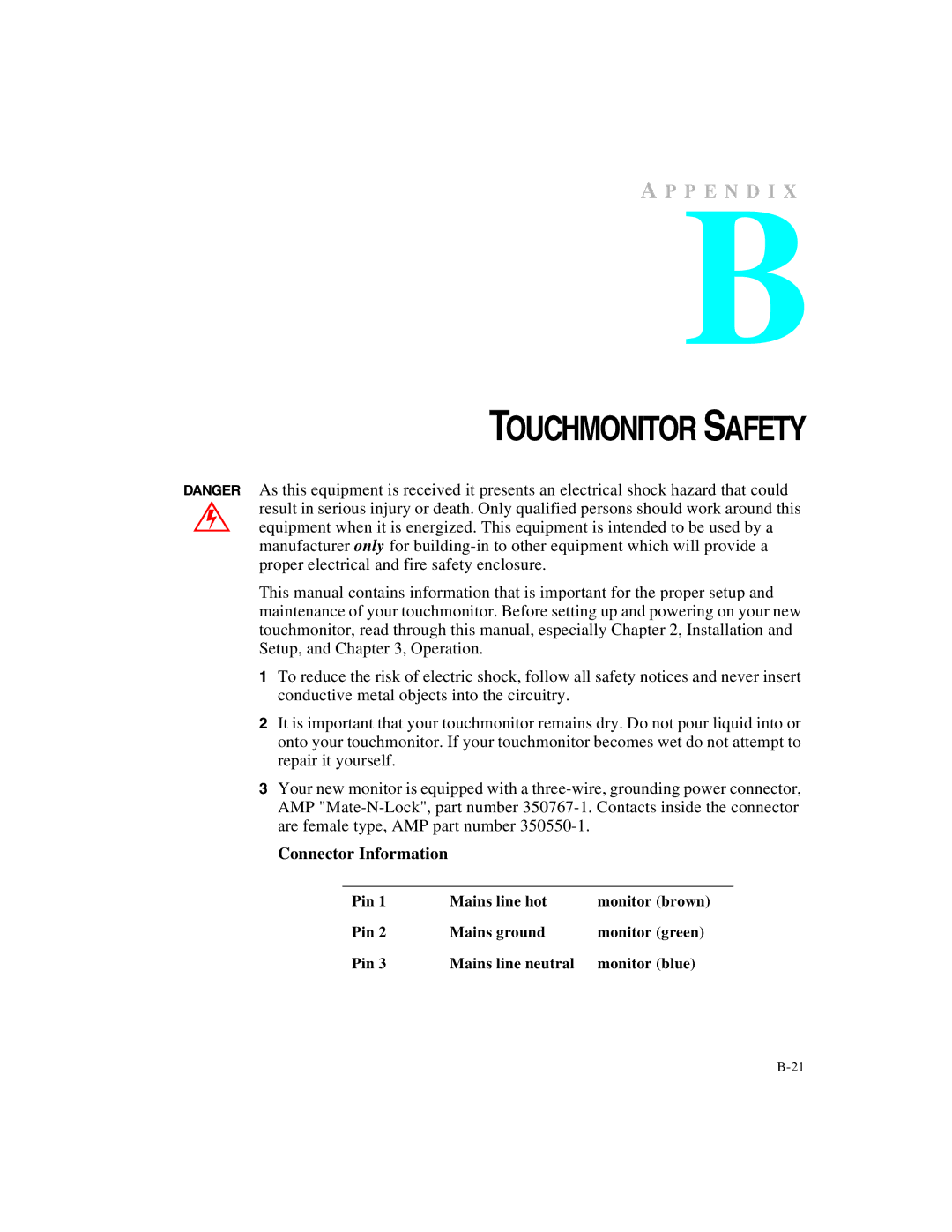 Elo TouchSystems ET2187C-4XWA-1, ET1X8XC-4XWA-1 manual Touchmonitor Safety, Connector Information 