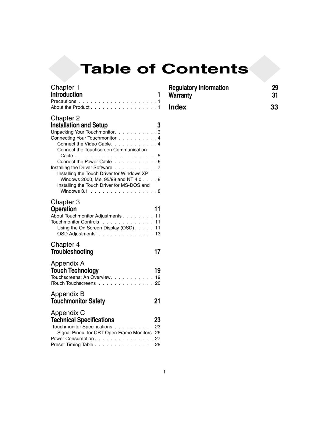 Elo TouchSystems ET1X8XC-4XWA-1, ET2187C-4XWA-1 manual Table of Contents 