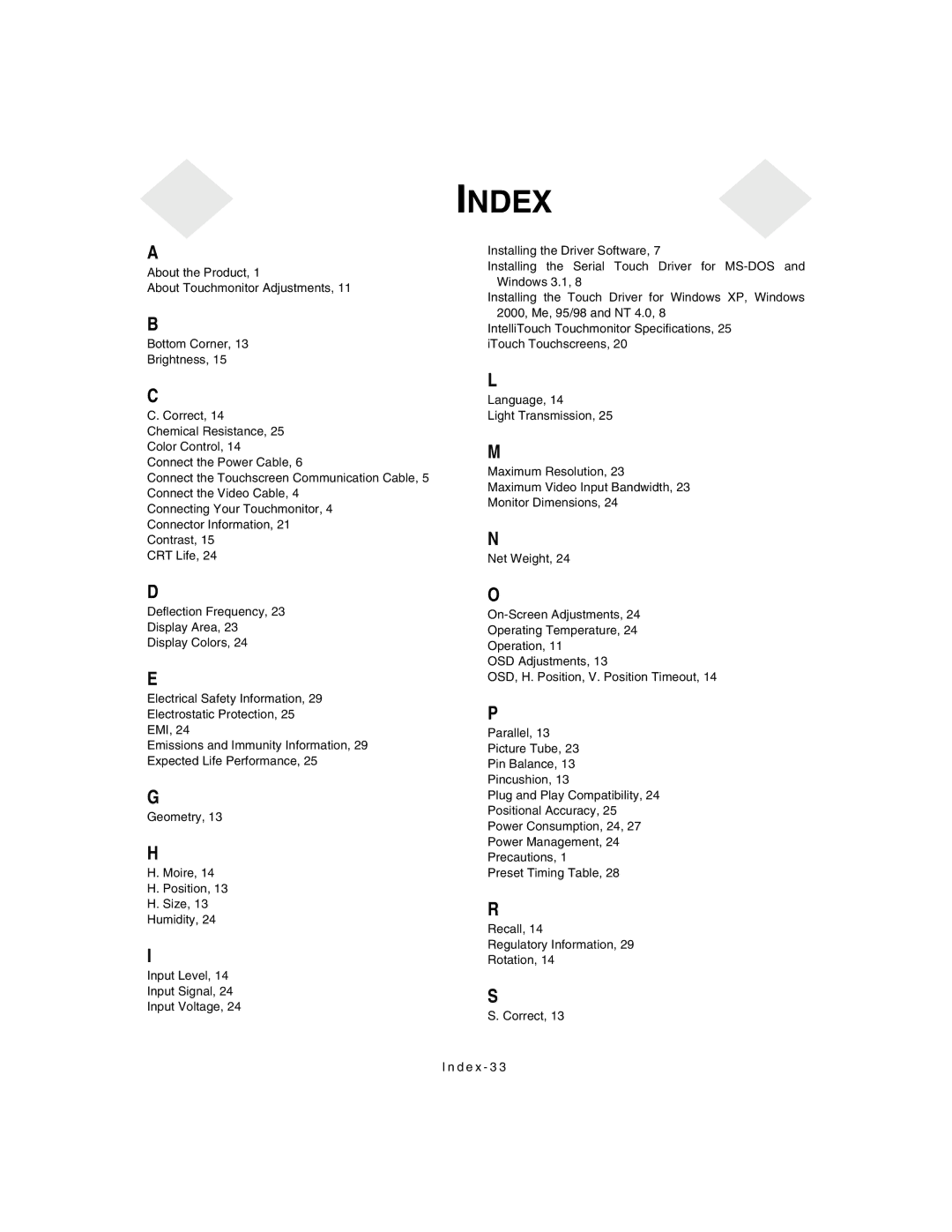 Elo TouchSystems ET2187C-4XWA-1, ET1X8XC-4XWA-1 manual Index 