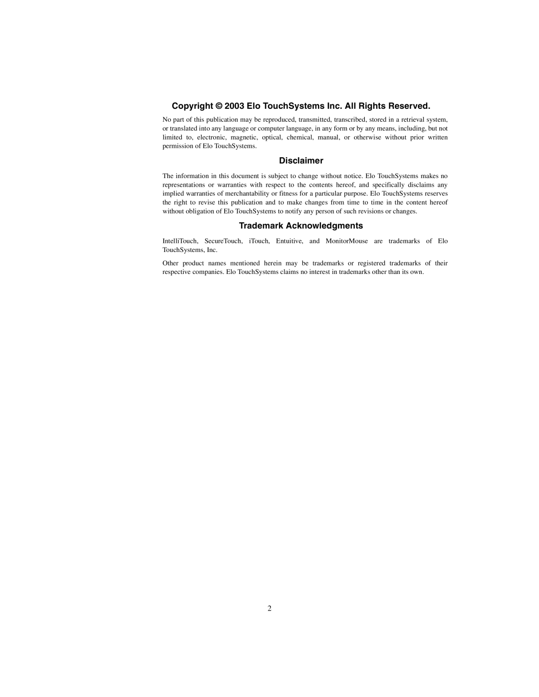 Elo TouchSystems ET2187C-4XWA-1, ET1X8XC-4XWA-1 manual Copyright 2003 Elo TouchSystems Inc. All Rights Reserved 