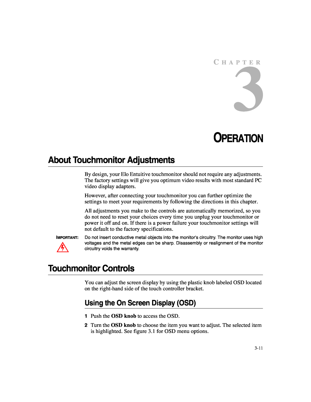 Elo TouchSystems ET2187C-4XWA-1 manual Operation, About Touchmonitor Adjustments, Touchmonitor Controls, C H A P T E R 