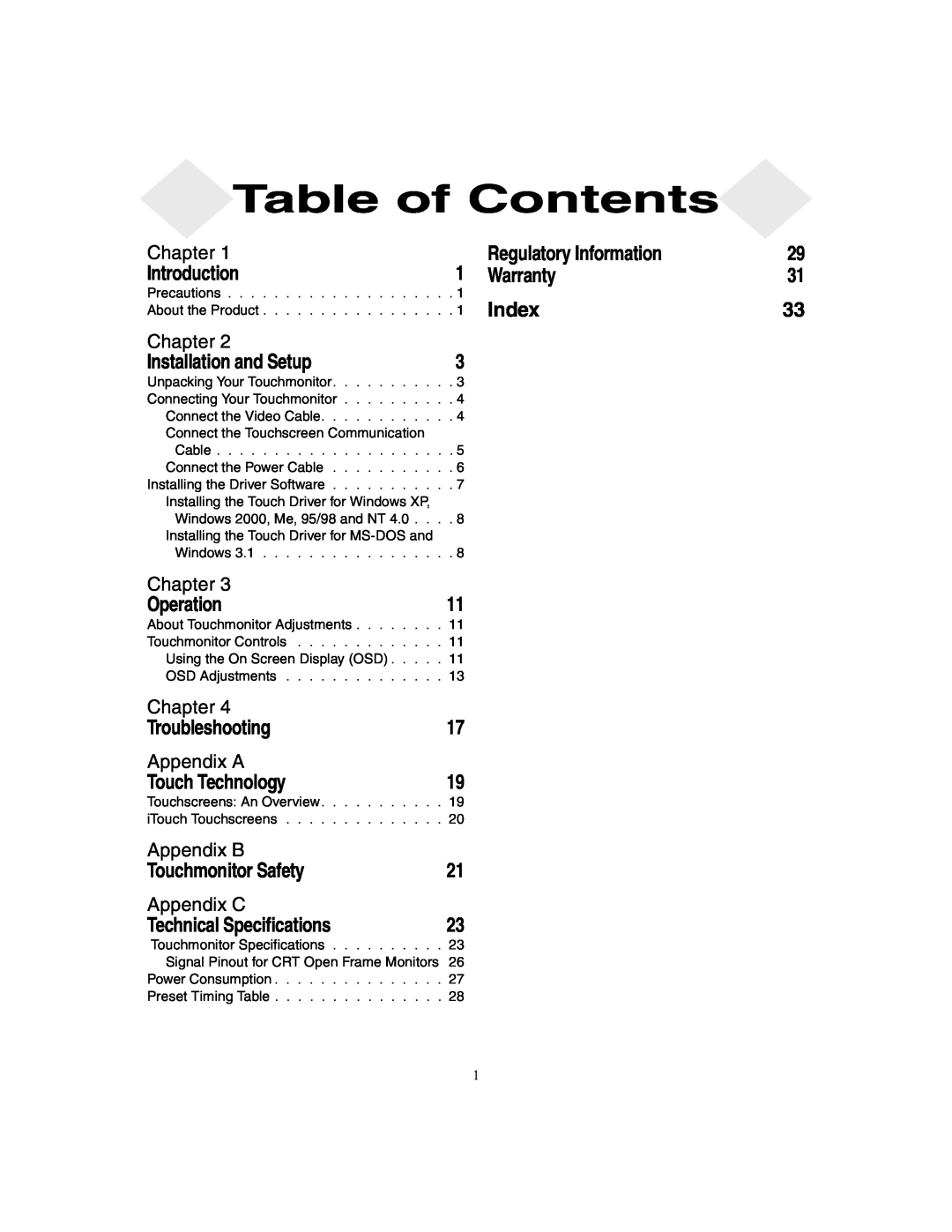 Elo TouchSystems ET1X8XC-4XWA-1 Chapter, Appendix A, Appendix B, Appendix C, Table of Contents, Regulatory Information 