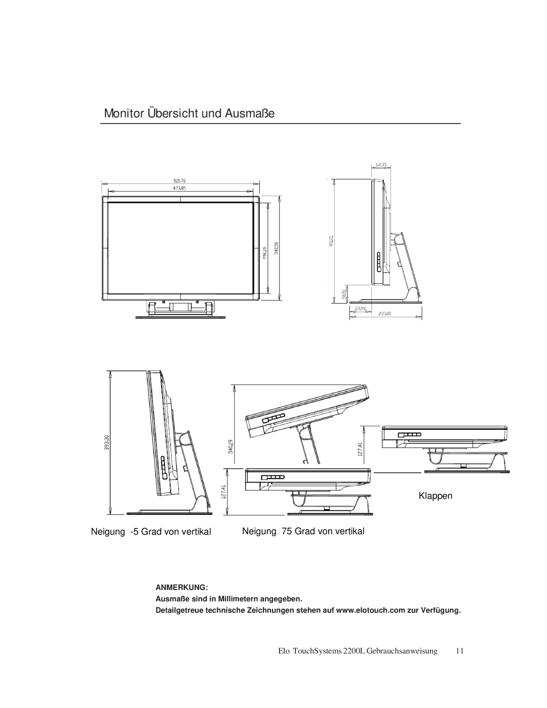 Elo TouchSystems ET2200L manual Monitor Übersicht und Ausmaße 