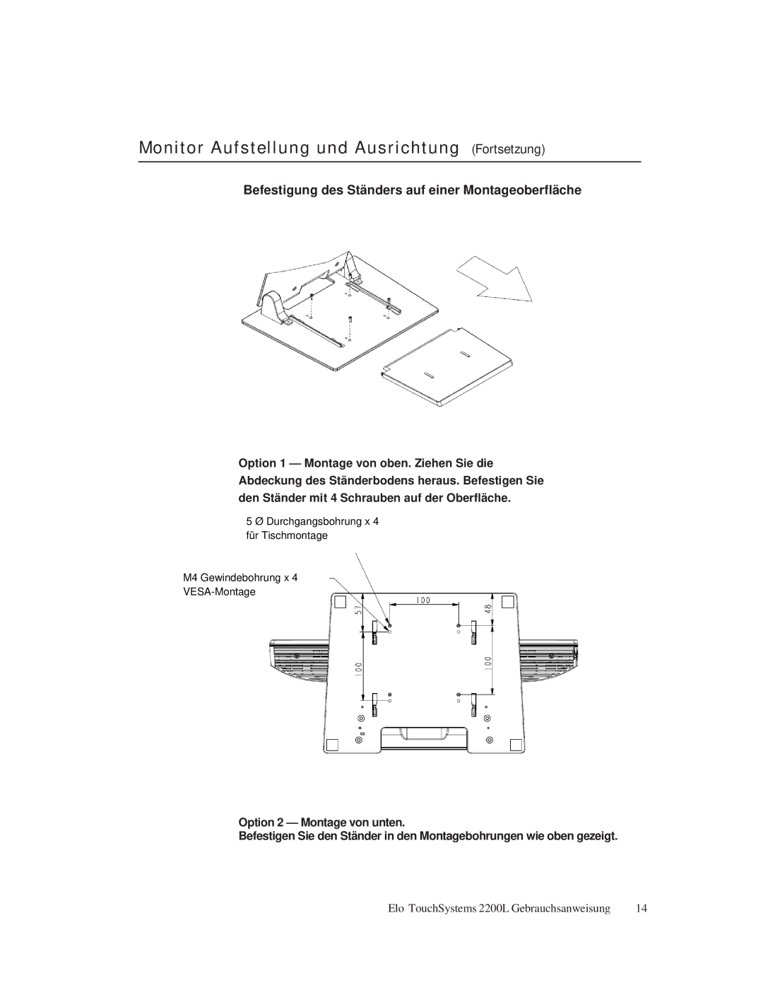 Elo TouchSystems ET2200L manual Befestigung des Ständers auf einer Montageoberfläche 