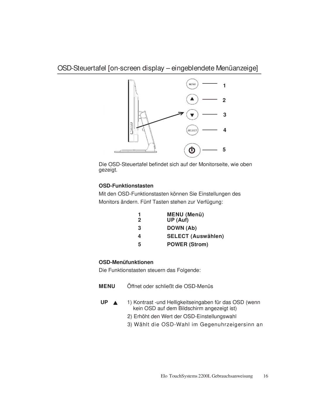 Elo TouchSystems ET2200L manual OSD-Steuertafel on-screen display eingeblendete Menüanzeige, OSD-Funktionstasten 