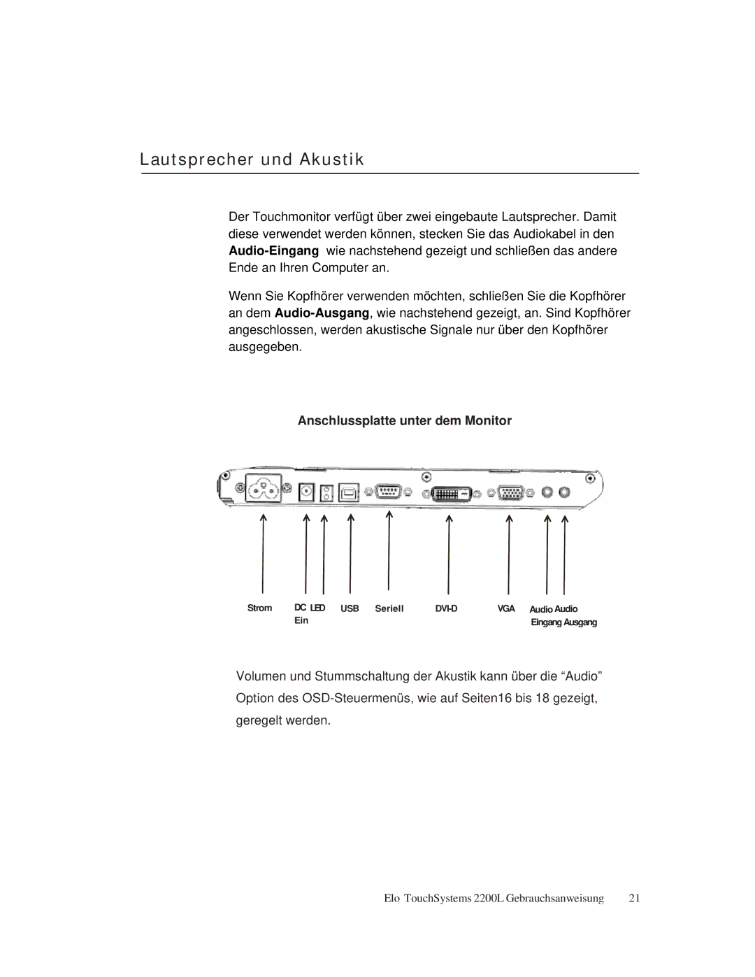 Elo TouchSystems ET2200L manual Lautsprecher und Akustik, Anschlussplatte unter dem Monitor 