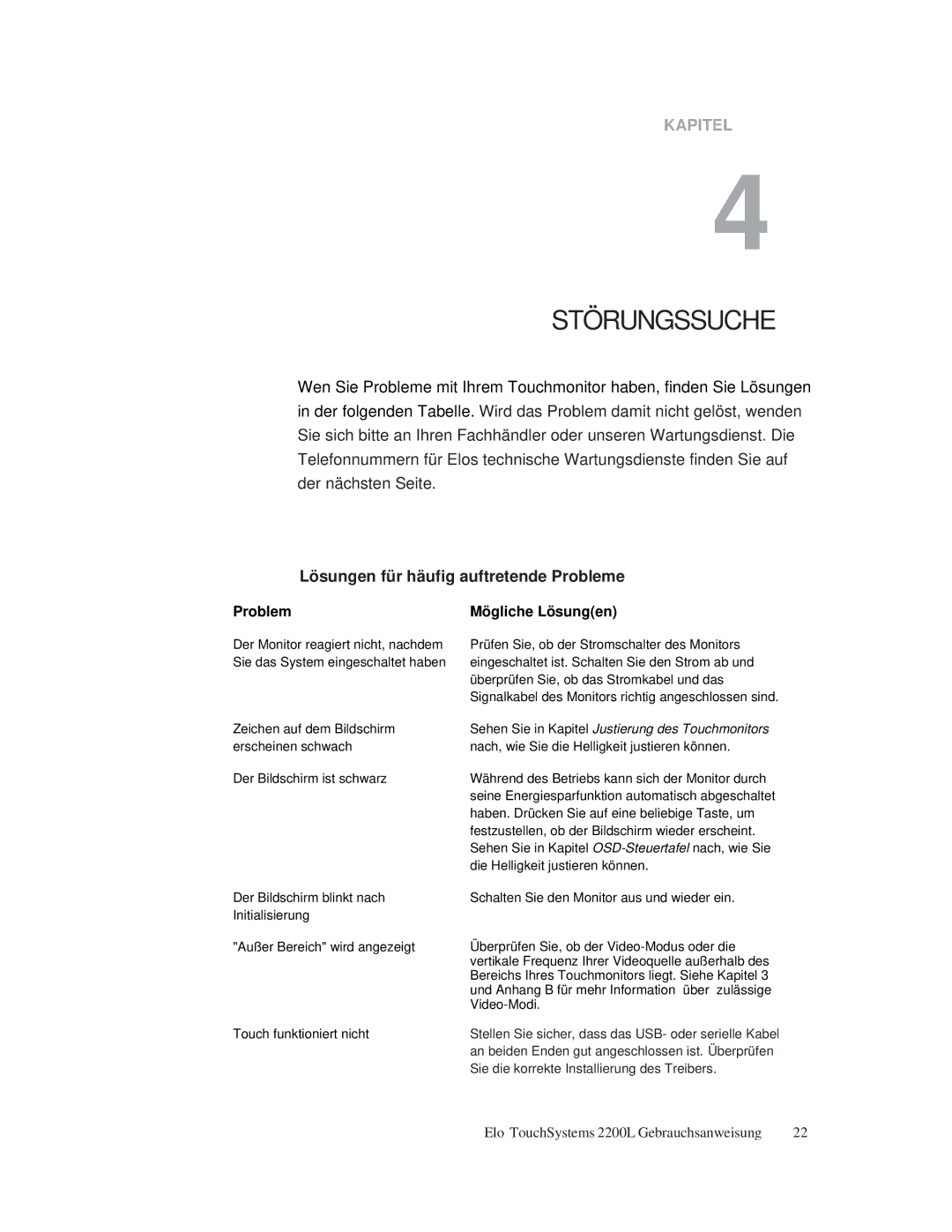 Elo TouchSystems ET2200L manual Störungssuche, Lösungen für häufig auftretende Probleme 