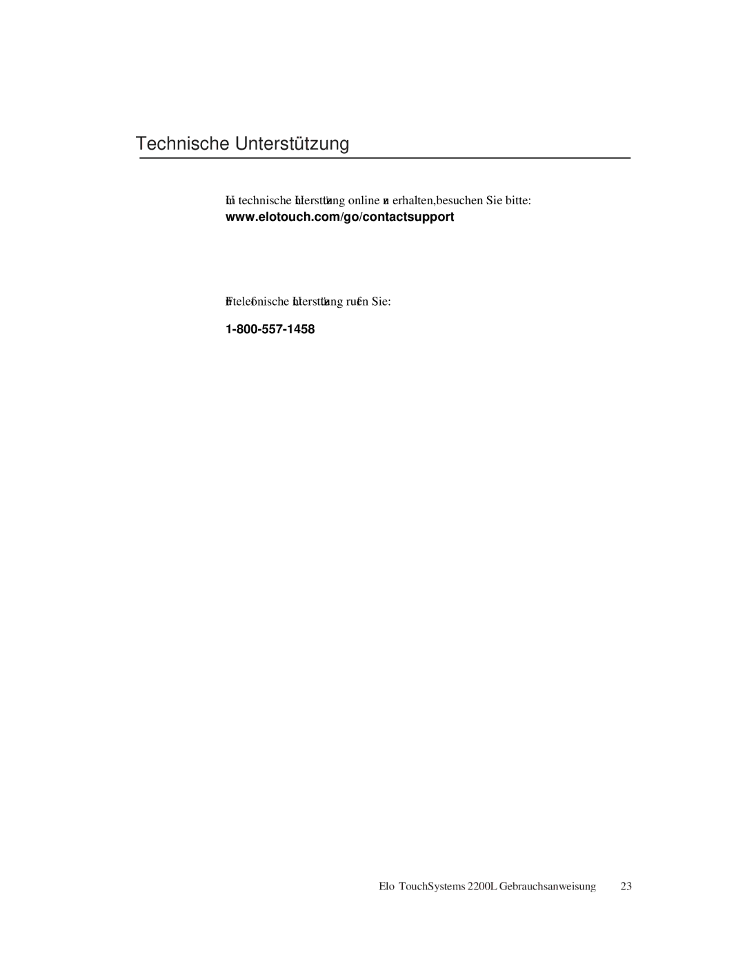 Elo TouchSystems ET2200L manual Technische Unterstützung 