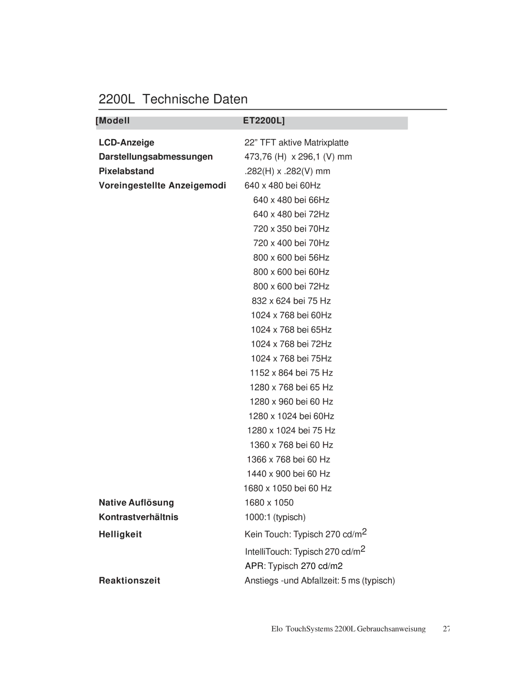 Elo TouchSystems ET2200L manual 2200L Technische Daten 