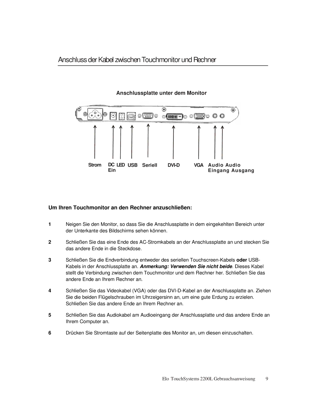 Elo TouchSystems ET2200L manual Anschluss der Kabel zwischen Touchmonitor und Rechner, Anschlussplatte unter dem Monitor 