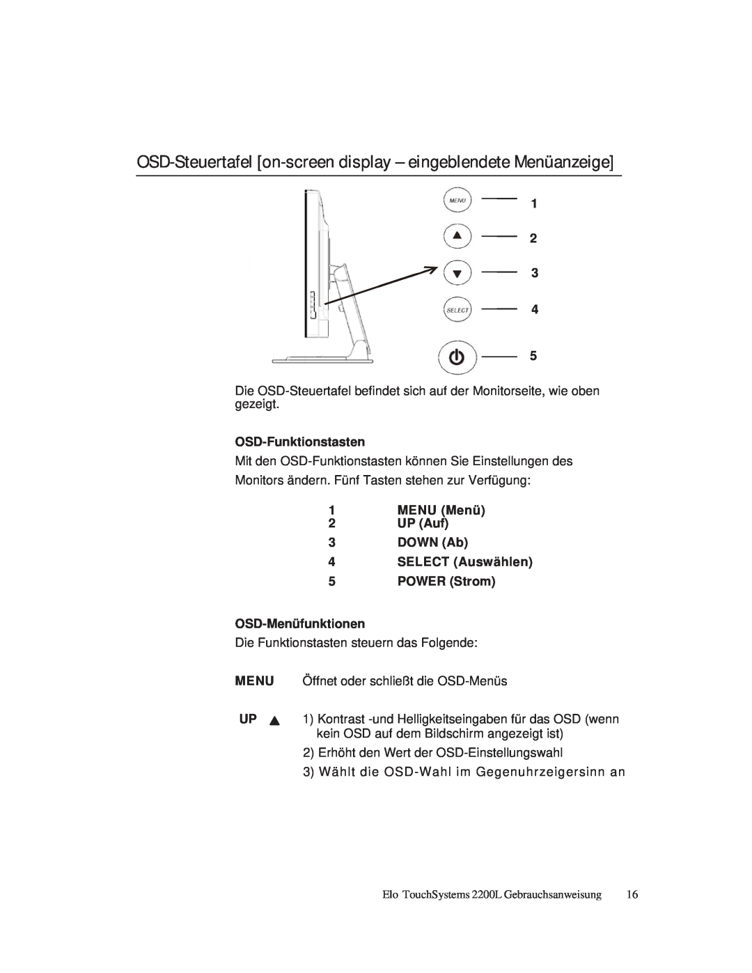 Elo TouchSystems ET2200L manual OSD-Steuertafel on-screen display - eingeblendete Menüanzeige, OSD-Funktionstasten 