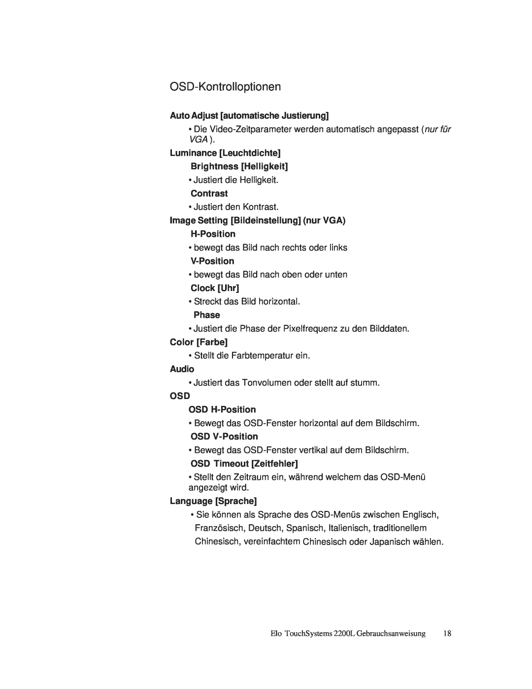 Elo TouchSystems ET2200L manual OSD-Kontrolloptionen 