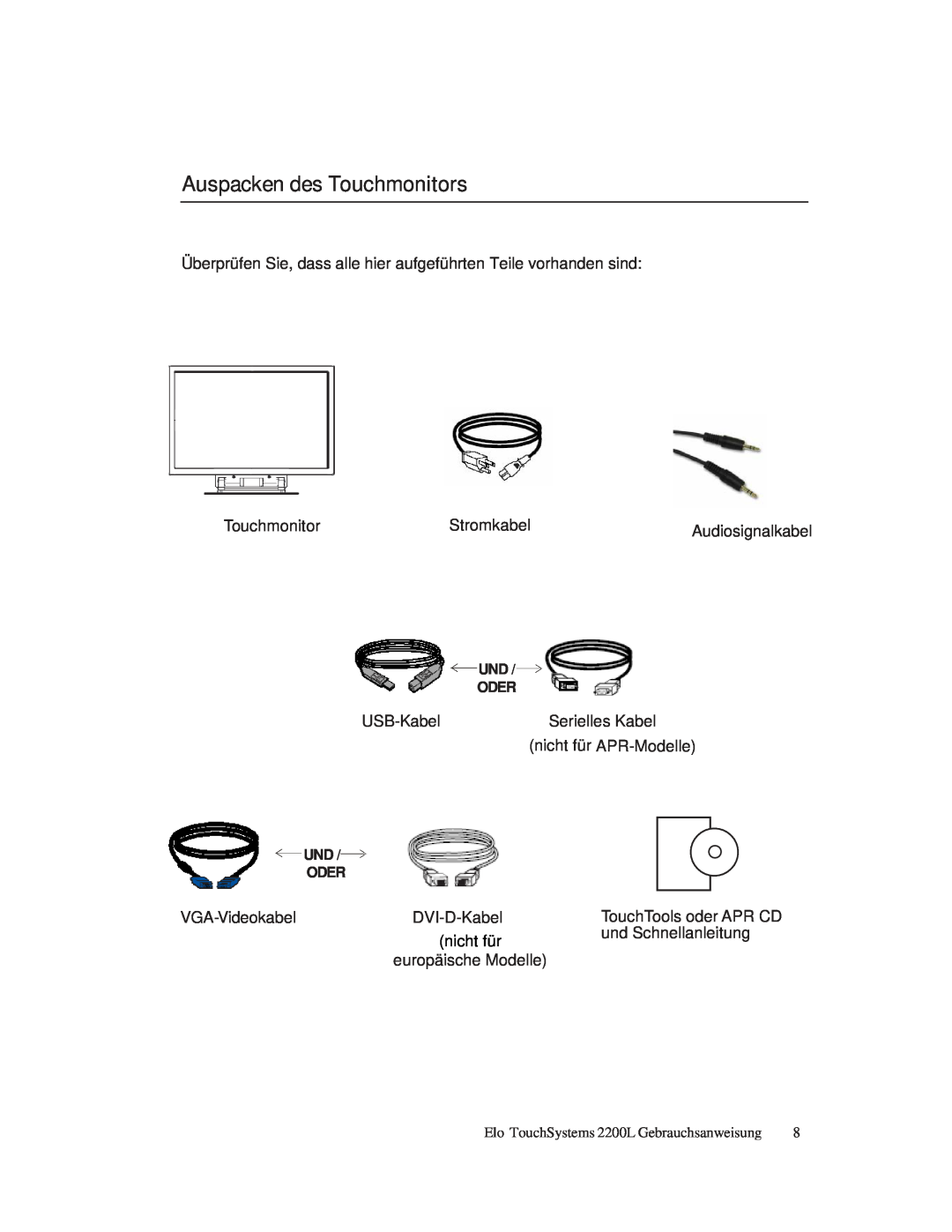 Elo TouchSystems ET2200L manual Auspacken des Touchmonitors, nicht für APR-Modelle, Und Oder 