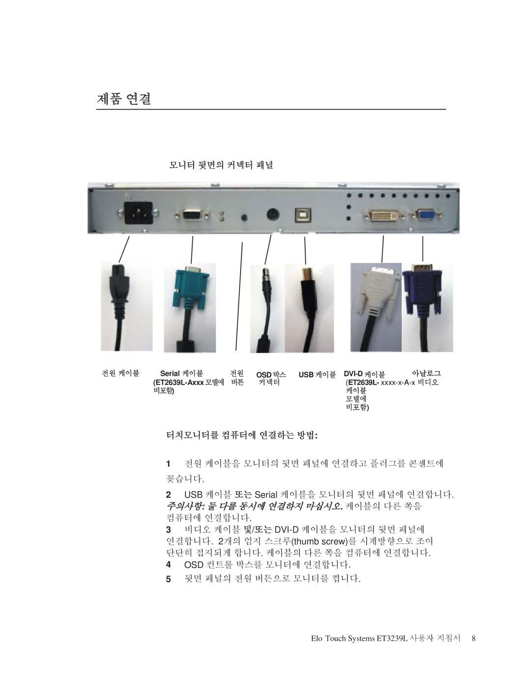 Elo TouchSystems ET3239L manual 제품 연결, 모니터 뒷면의 커넥터 패널, 터치모니터를 컴퓨터에 연결하는 방법 