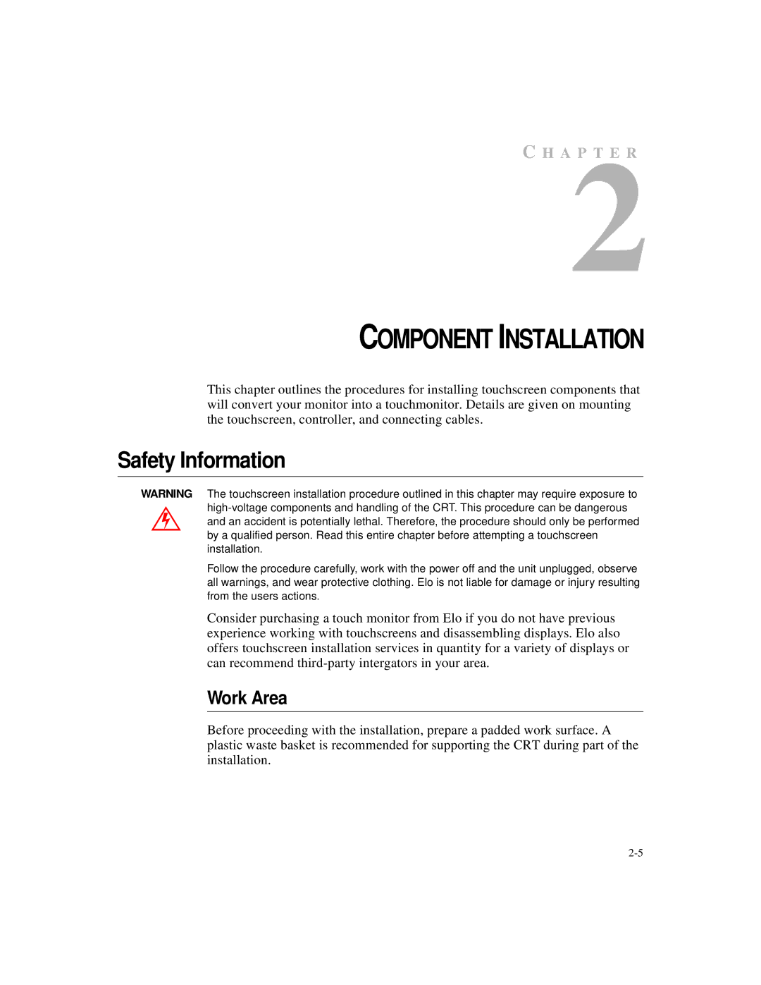 Elo TouchSystems IntelliTouch SecureTouch manual Safety Information, Work Area 