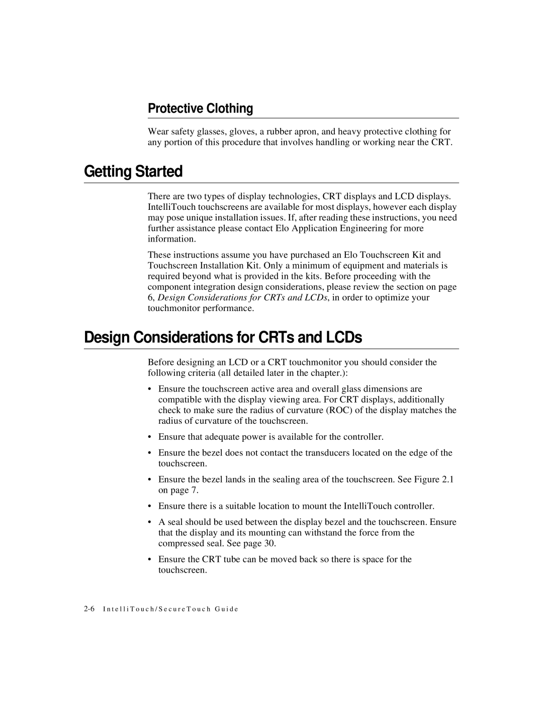 Elo TouchSystems IntelliTouch SecureTouch Getting Started, Design Considerations for CRTs and LCDs, Protective Clothing 