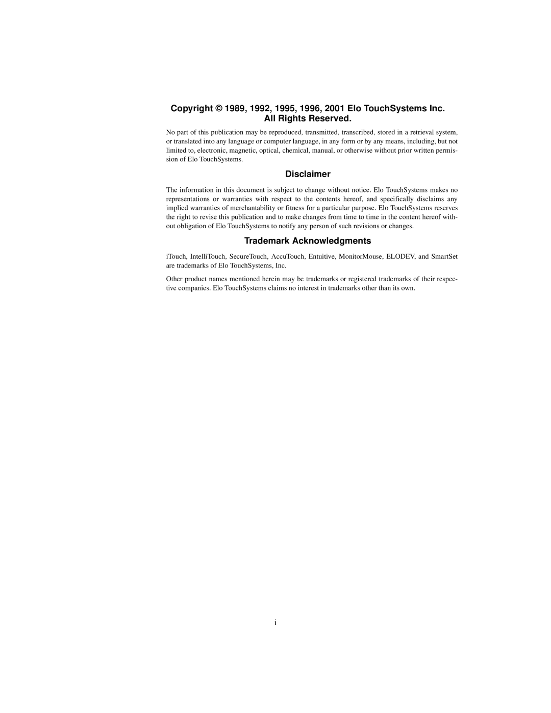 Elo TouchSystems IntelliTouch SecureTouch manual Disclaimer 