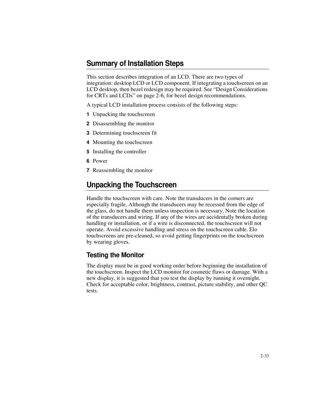 Elo TouchSystems IntelliTouch SecureTouch manual Summary of Installation Steps, Unpacking the Touchscreen 