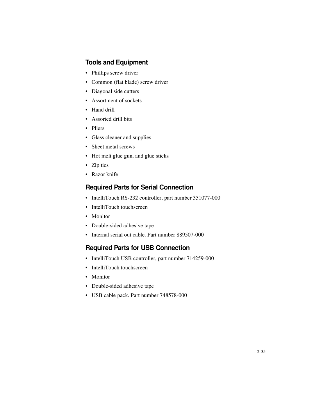Elo TouchSystems IntelliTouch SecureTouch manual Tools and Equipment, Required Parts for Serial Connection 