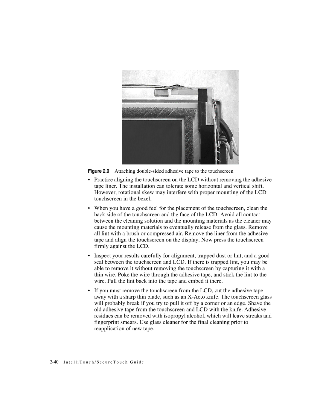 Elo TouchSystems IntelliTouch SecureTouch manual Attaching double-sided adhesive tape to the touchscreen 