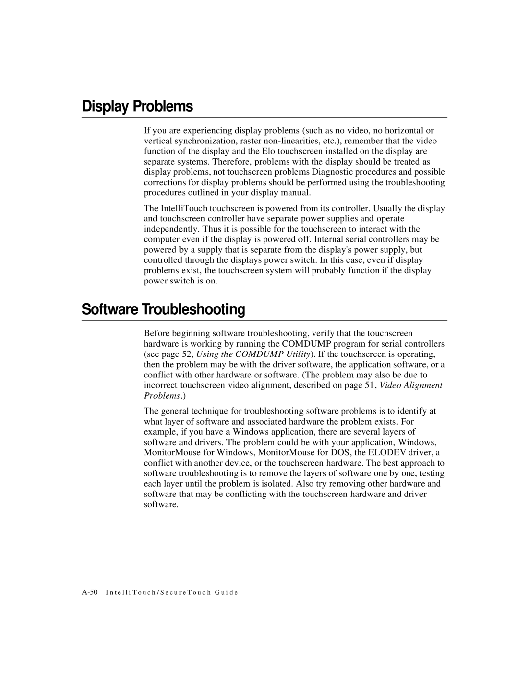 Elo TouchSystems IntelliTouch SecureTouch manual Display Problems, Software Troubleshooting 