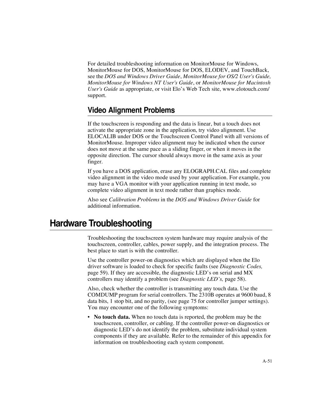 Elo TouchSystems IntelliTouch SecureTouch manual Hardware Troubleshooting, Video Alignment Problems 