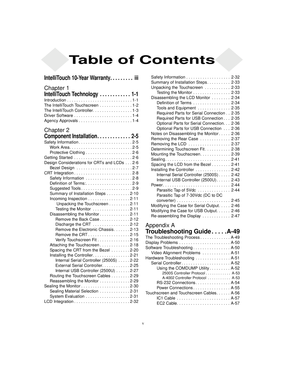 Elo TouchSystems IntelliTouch SecureTouch manual Table of Contents 